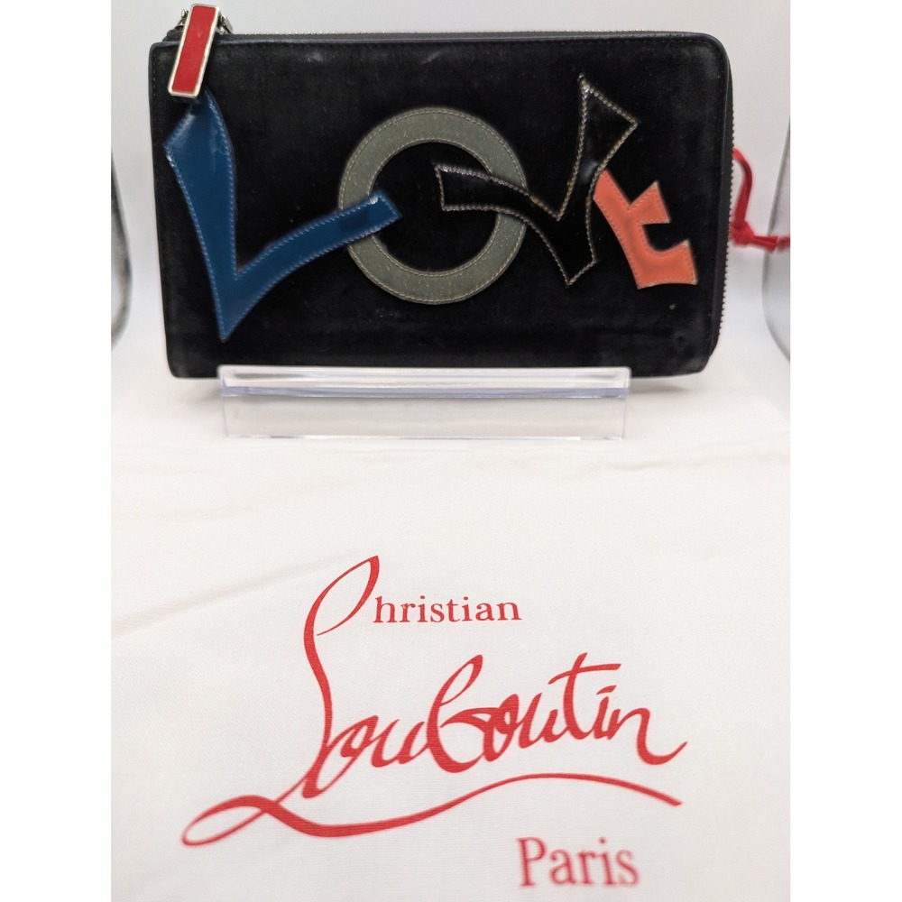Christian Louboutin Black Suede Leather Love Wallet Heart Zip Around COA Dustbag